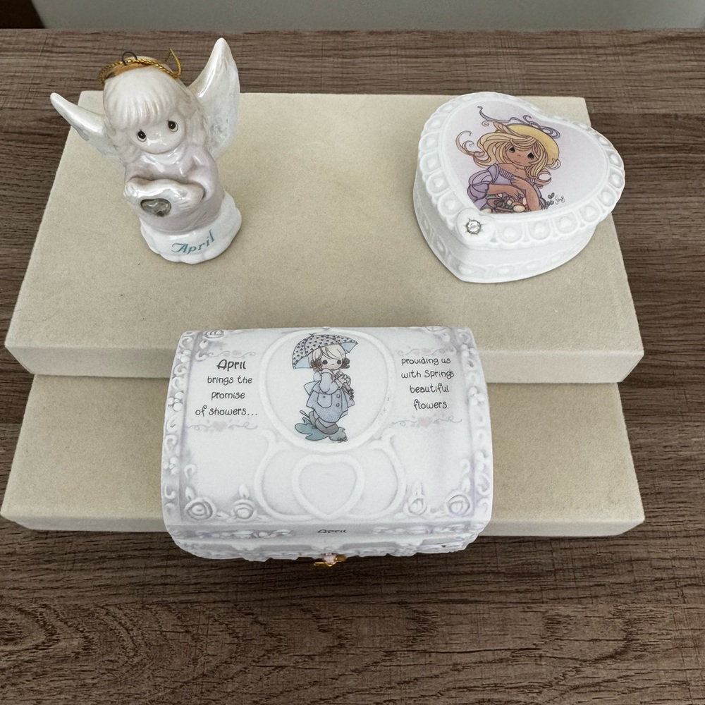 Precious Moments April Birthday Lot Of 3 Trinket Boxes Ornament